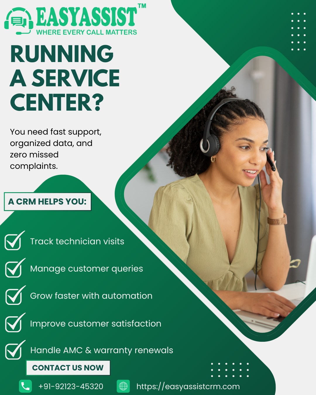A professional dashboard showing service call status, technician assignments, and inventory levels, illustrating comprehensive CRM oversight.